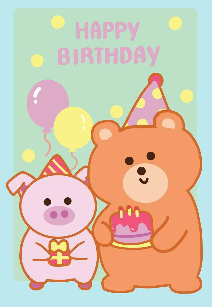 Cute Bear and pig Happy Birthday cartoon style. vector