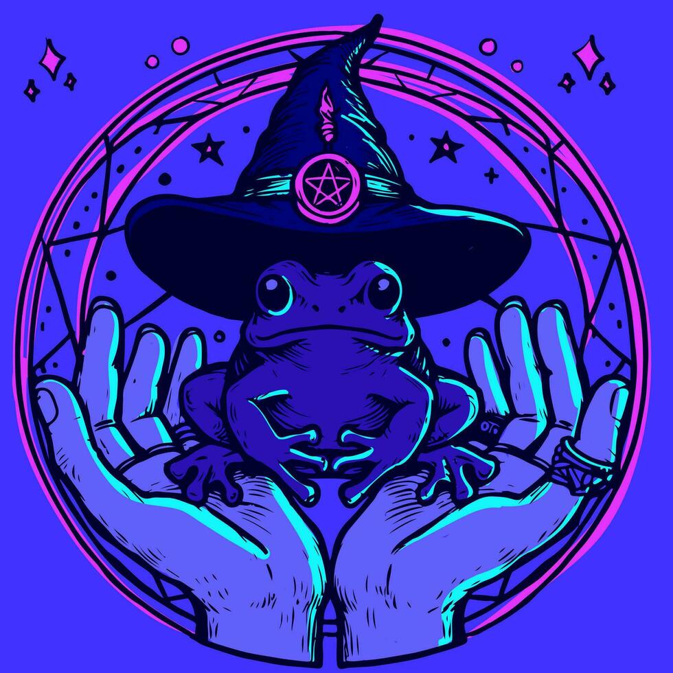 Wiccan illustration of a psychedelic and witchy frog wearing a witch hat. Vector of a purple neon toad being hold in the hands by a woman