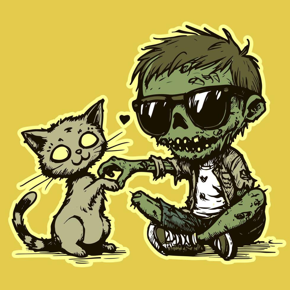 Illustration of a zombie and a cat doing a heart with their hands. Two cartoon corpses being friends vector