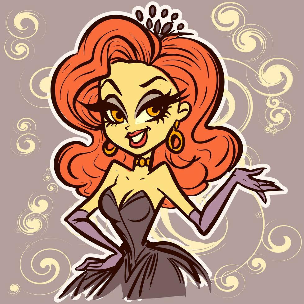 Vector of a young princess with big anime eyes wearing a dress, a tiara and earrings. Beautiful queen posing