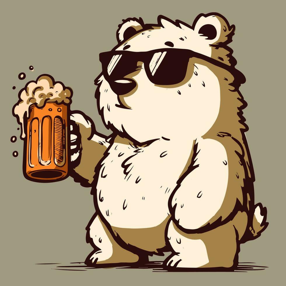 Vector of a cartoon polar bear with sunglasses holding a beer pint. Drawing of a north pole animal drinking a beverage