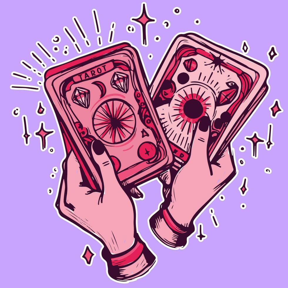 Vector of two women's hands holding tarot cards. Fortune teller practicing occult and wiccan ritual spells to predict the future