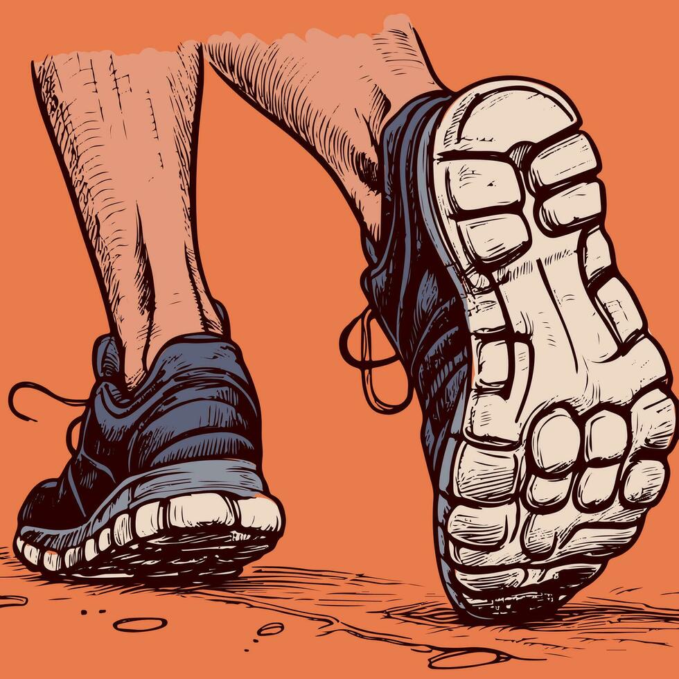 Closeup vector of two feet walking and doing physical activity. Vector of soles wearing sneakers jogging