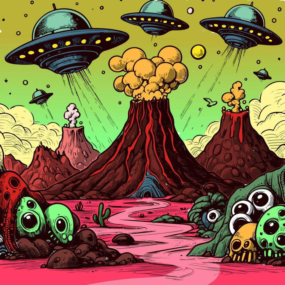 Trippy and psychedelic artwork of desert landscape from area 51. Surreal illustration of an alien and UFO invasion with cactuses, mountains and volcano. vector