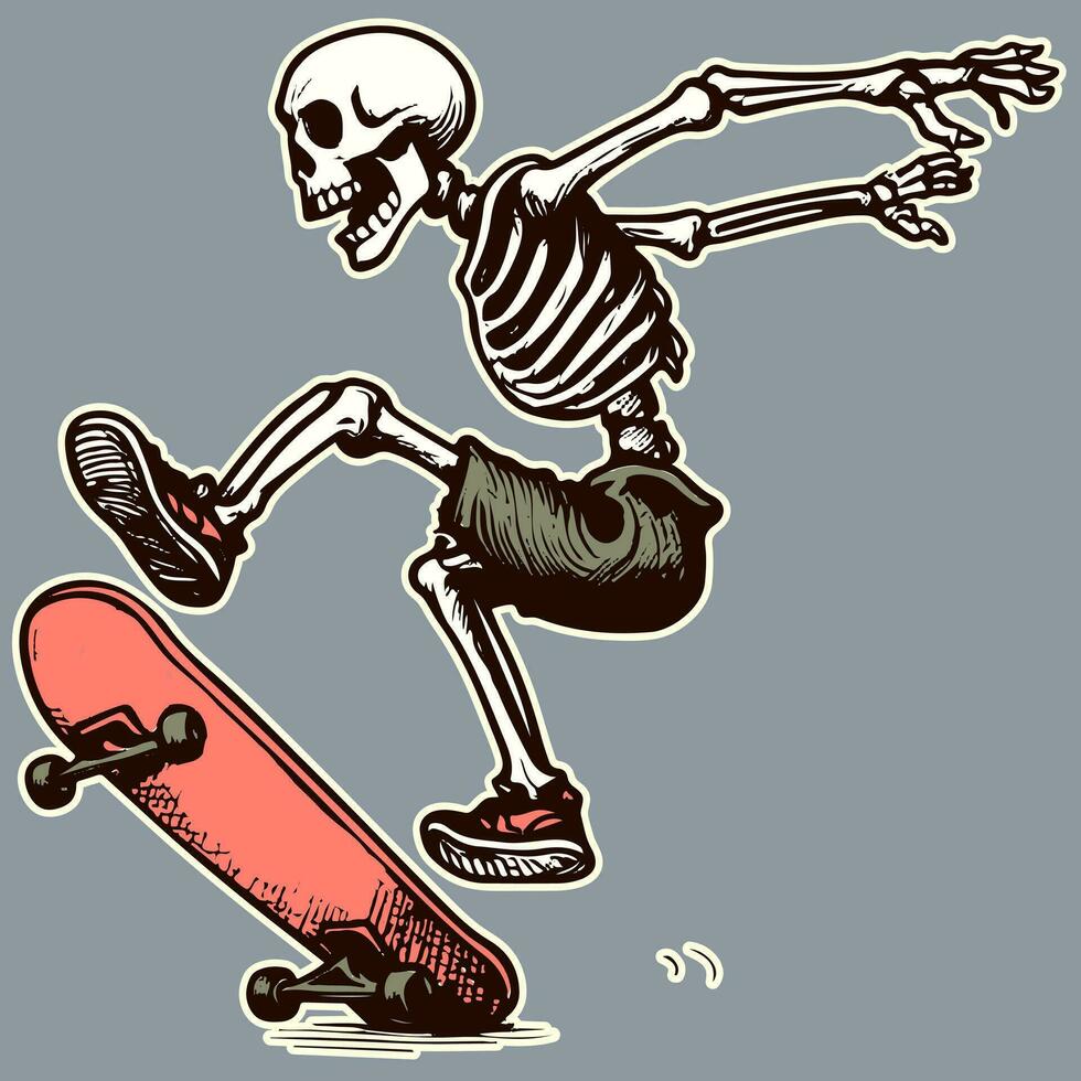 Drawing of a skateboarding  skeleton on a skateboard doing tricks. Cartoon character practicing extreme sports vector