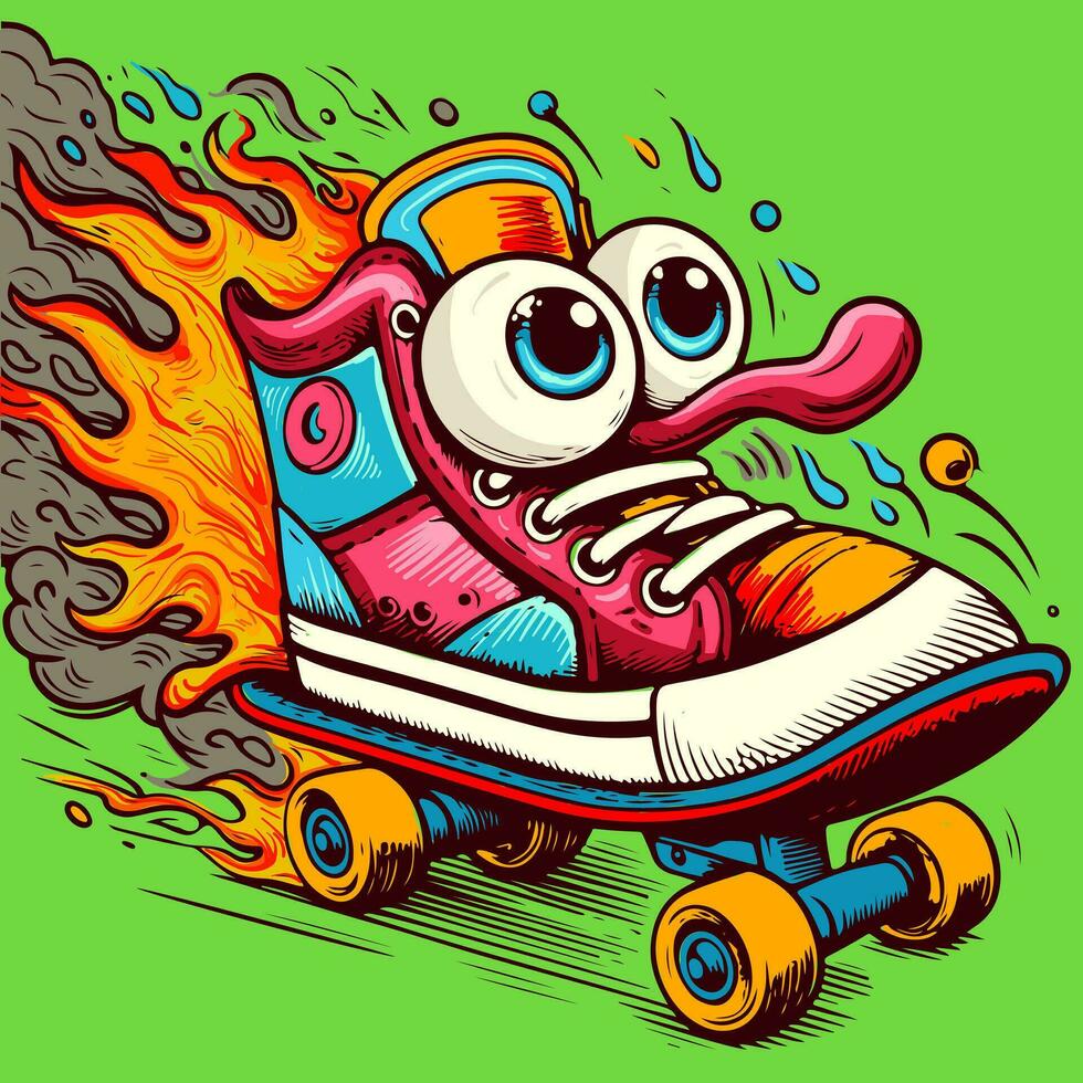 vector de un vistoso dibujos animados zapatilla de deporte con ojos siendo en fuego y dejando fumar detrás. ilustración de un frio zapato en un patineta con llamas