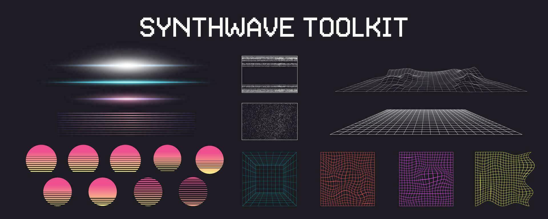 Synthwave Toolkit. 1980s graphic elements for retro graphics. Grids, sunsets, glitches and lasers. Design parts for outrun covers. 3D bits, galaxy background, grid mountains. Essentials for 80's. vector