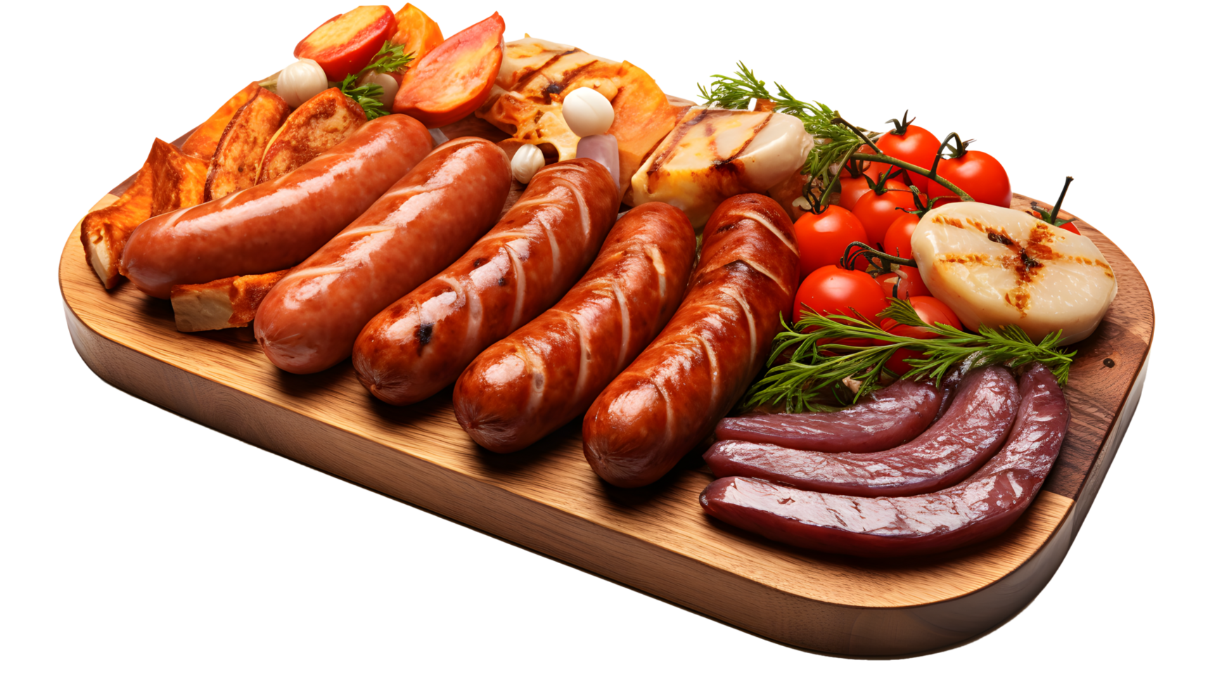 AI generated various kinds of sausages served on a wooden platter PNG