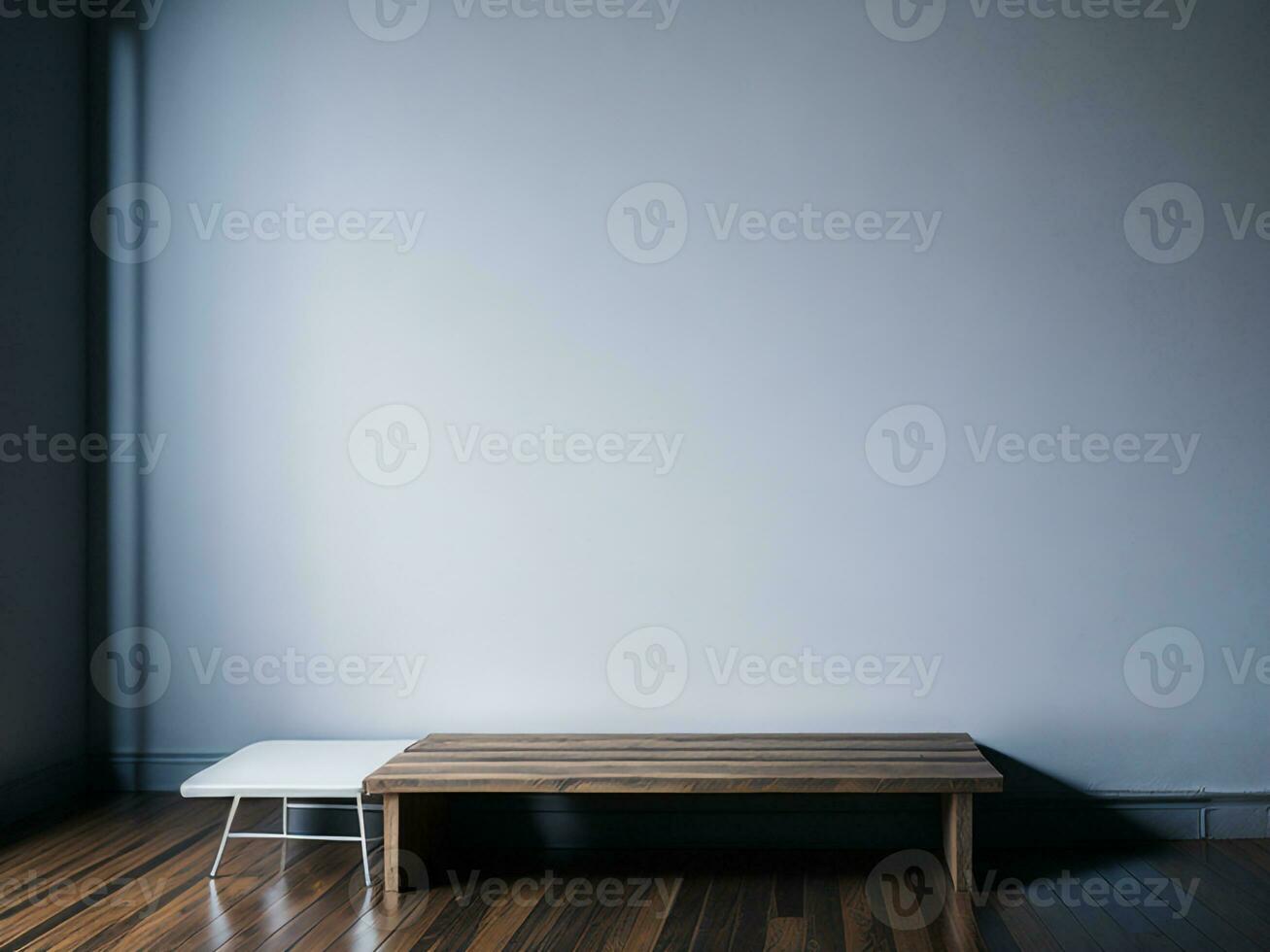 ai generado vacío de madera mesa en el blanco antecedentes cerca arriba vista. alto calidad foto