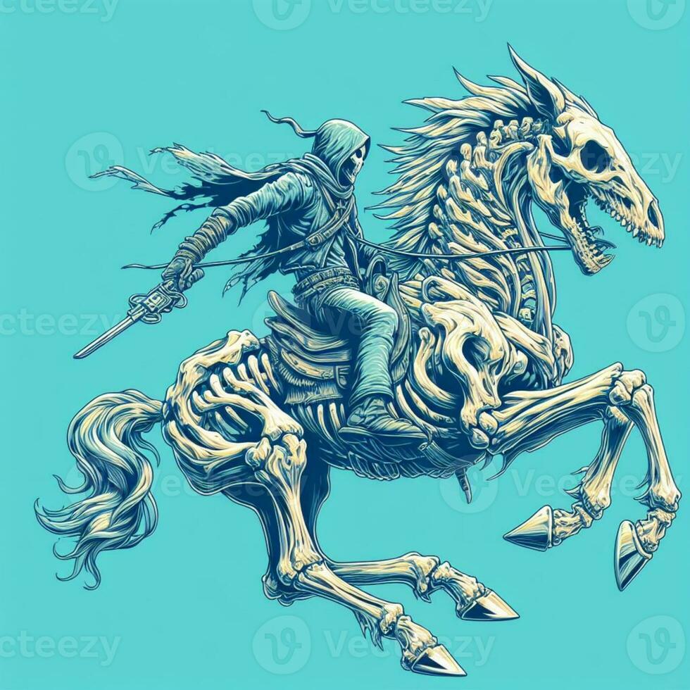 AI generated illustration of a man riding skull horse photo