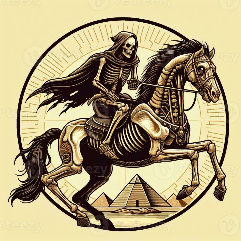 AI generated illustration of a man riding skull horse photo