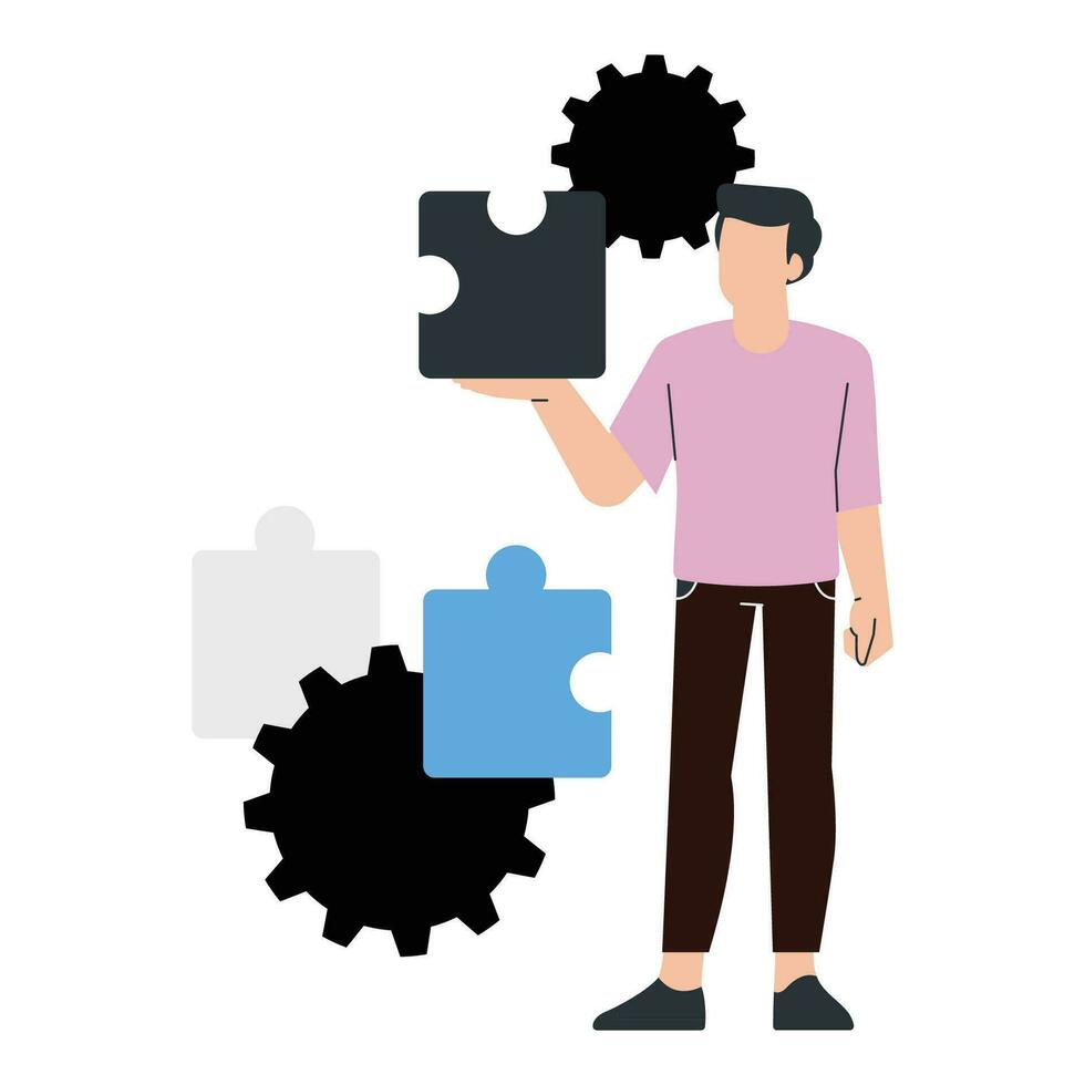 Teamwork successful together concept. Marketing content. Business People Holding the big jigsaw puzzle piece. Flat cartoon illustration vector graphic design on white background. Landing page template