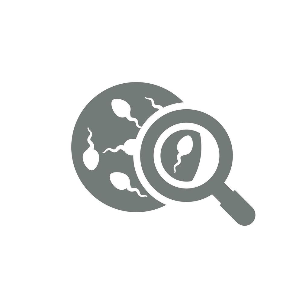 Sperm count medical exam vector icon. Spermatozoon and magnifying glass examination symbol.