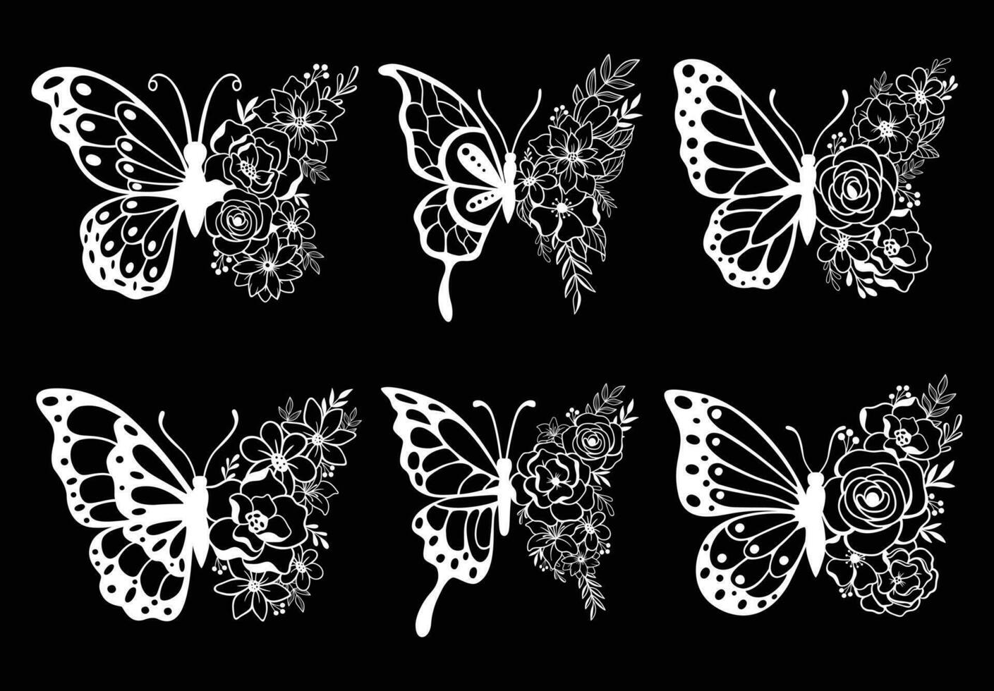 Set of decoration line art butterflies vector