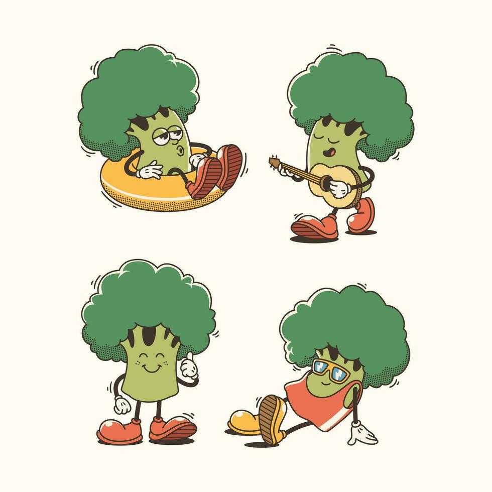 Set of Traditional Brocolli Cartoon Illustration with Varied Poses and Expressions vector