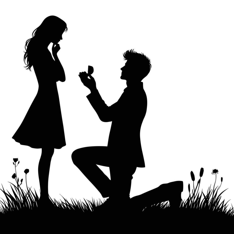 Silhouette of young man proposing to his beloved for Happy Valentine's Day celebration vector