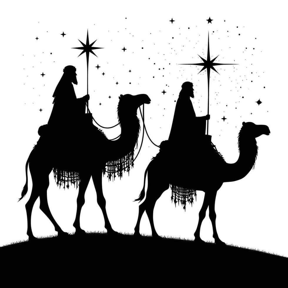 Happy epiphany day design. Silhouette of Three wise men on camel, bright star, nativity of Jesus vector