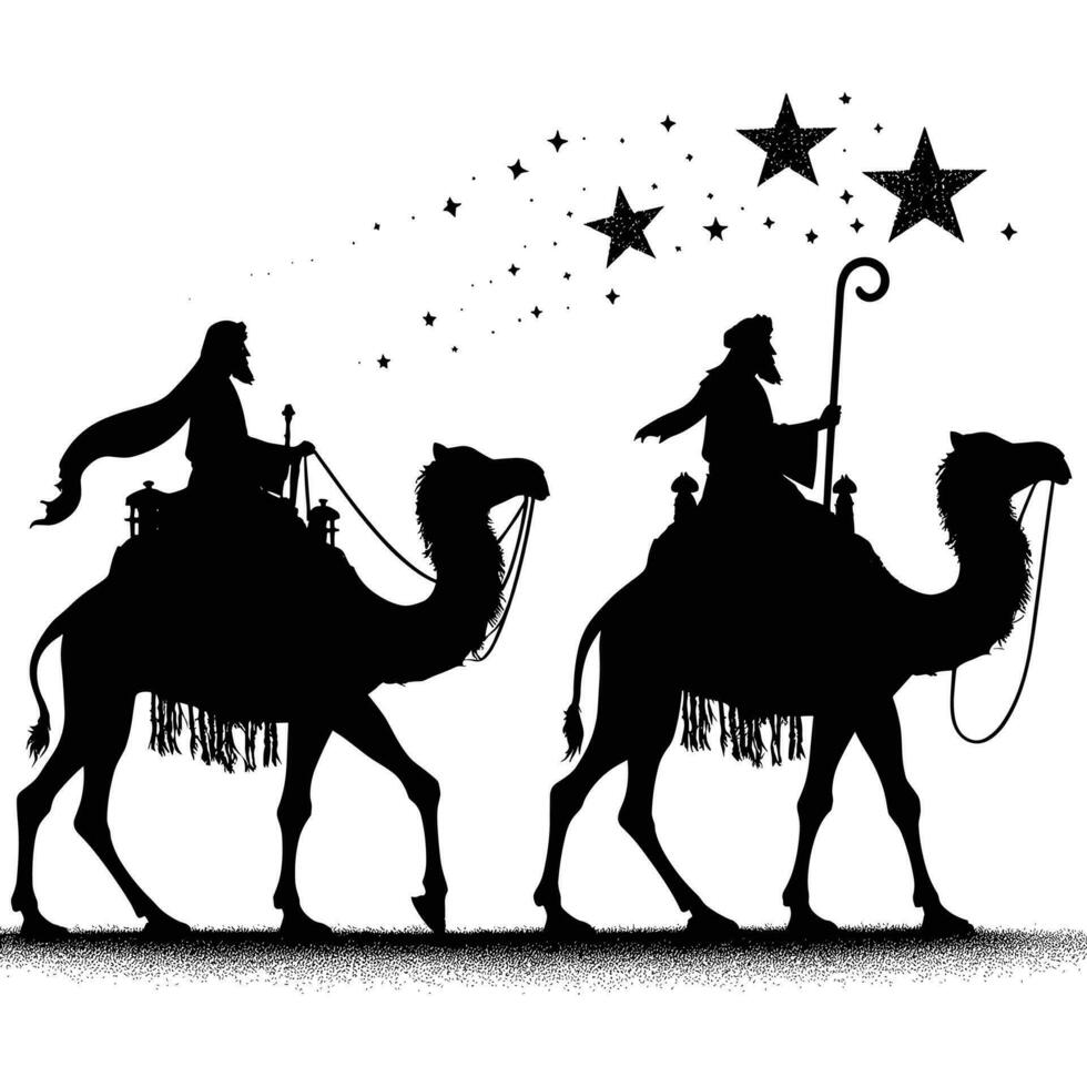 contento Epifanía día diseño. silueta de Tres sabio hombres en camello, brillante estrella, natividad de Jesús vector