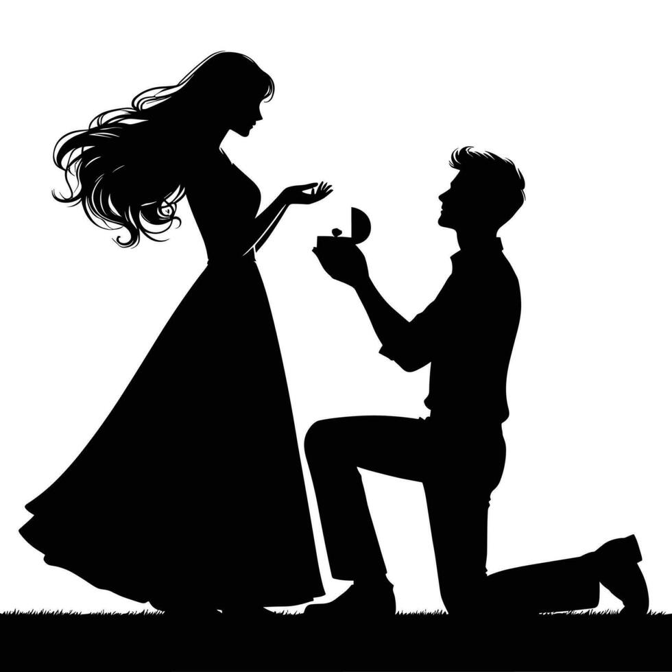 Silhouette of young man proposing to his beloved for Happy Valentine's Day celebration vector