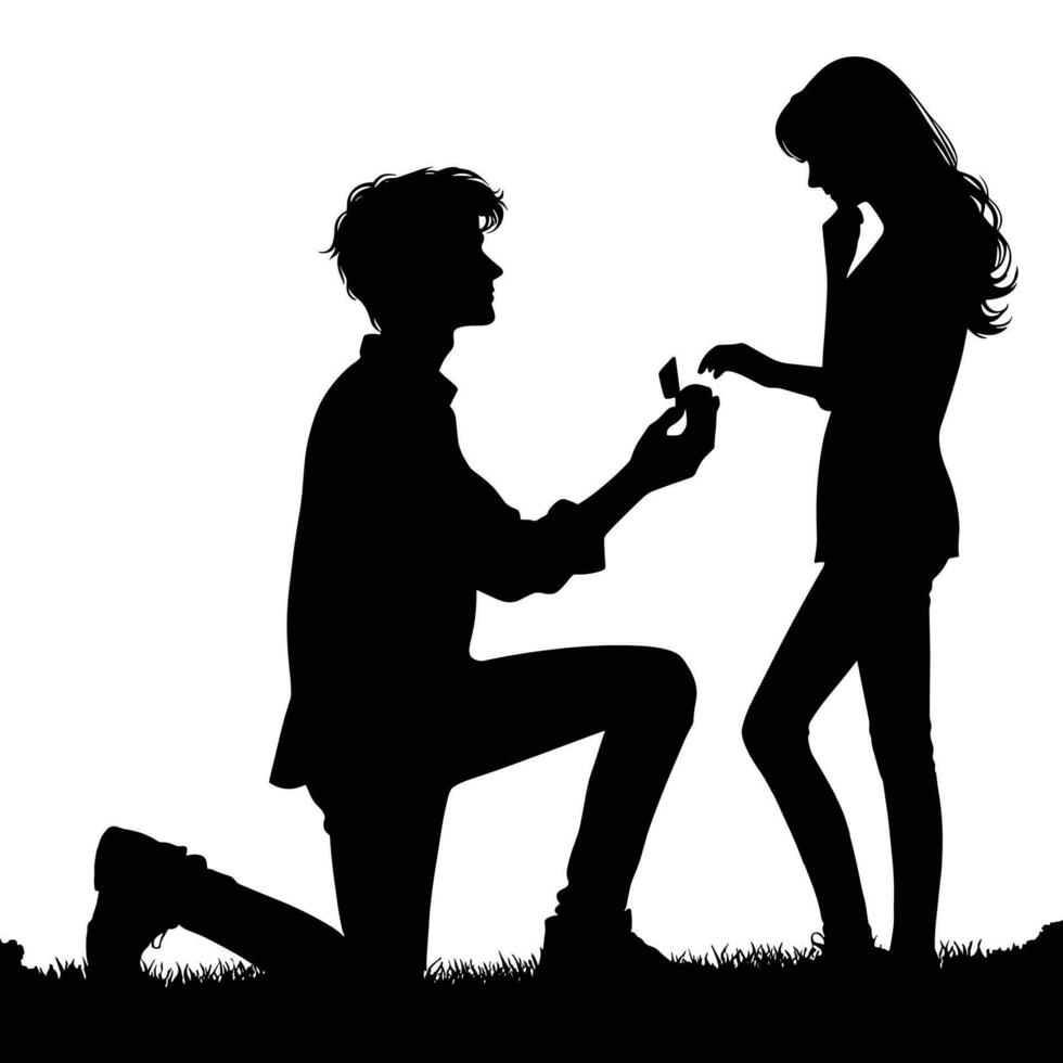 Silhouette of young man proposing to his beloved for Happy Valentine's Day celebration vector