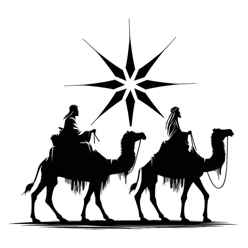 contento Epifanía día diseño. silueta de Tres sabio hombres en camello, brillante estrella, natividad de Jesús vector