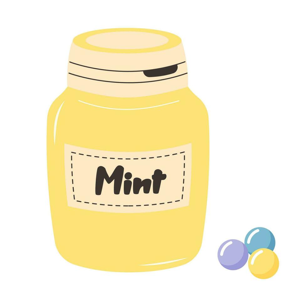 Mint gum in a bottle. Mint flavor chewing gum. Classic 80s or 90s