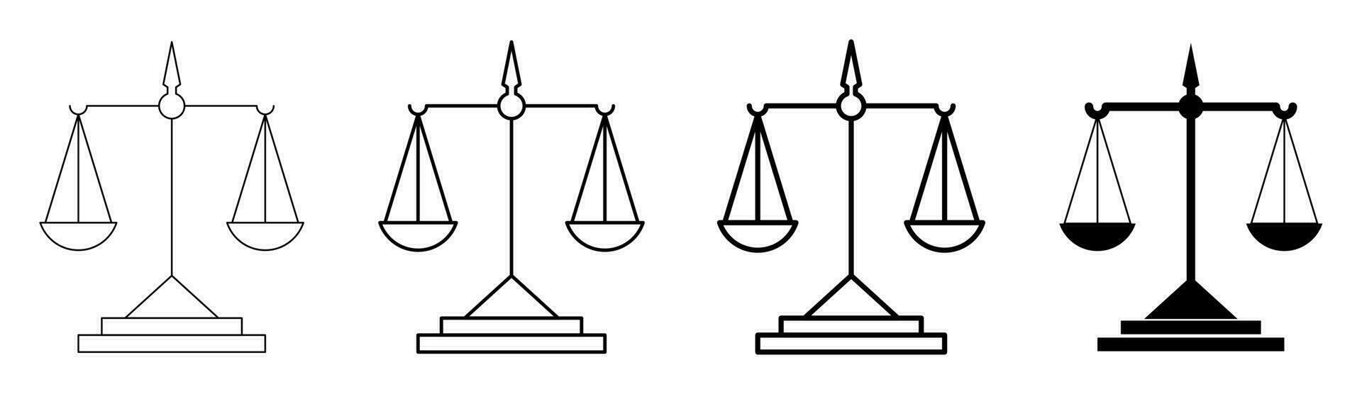 set of scales icons justice symbols law signs. line vector isolated on white background, design for app and web.