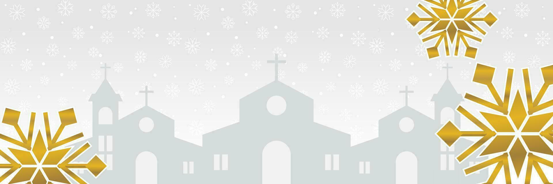 gris Navidad fondo, con dorado nieve adornos y Iglesia silueta. vector modelo para bandera, póster, social medios de comunicación, cristiano fiesta saludo tarjeta.