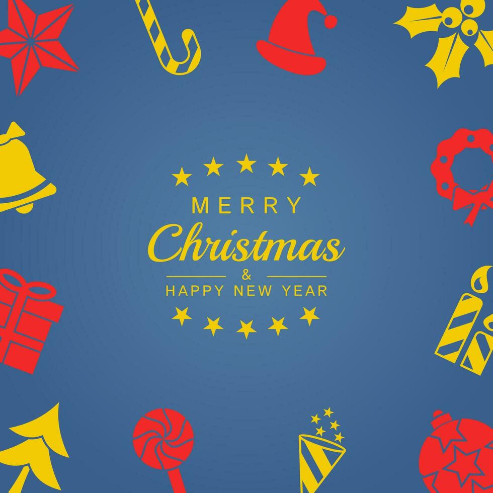 blue Christmas greeting card, with various Christmas ornaments such as stars, gifts, trees, santa hats, candles. vector design for banner, poster, social media promotion, web.