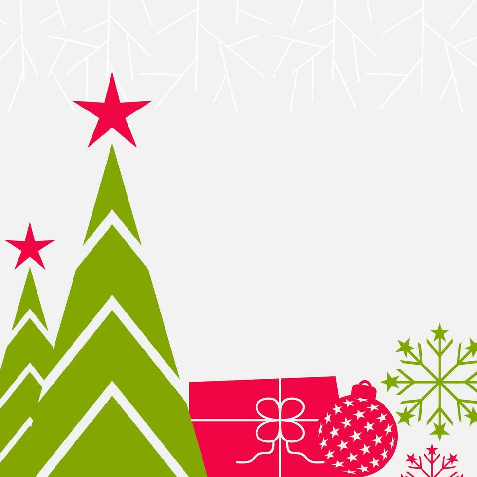 Navidad antecedentes con Navidad árbol decoraciones, regalos, pelotas y nieve iconos gratis Copiar espacio zona diseño. vector para bandera, póster, saludo tarjeta, social medios de comunicación, web.