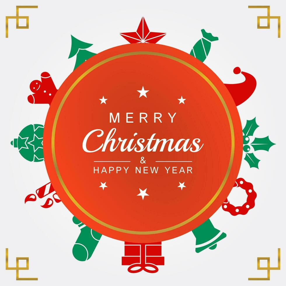 red Christmas greeting card with various circular icons, such as star, gift, tree, santa hat, candle. vector design for banner, poster, social media promotion, web.