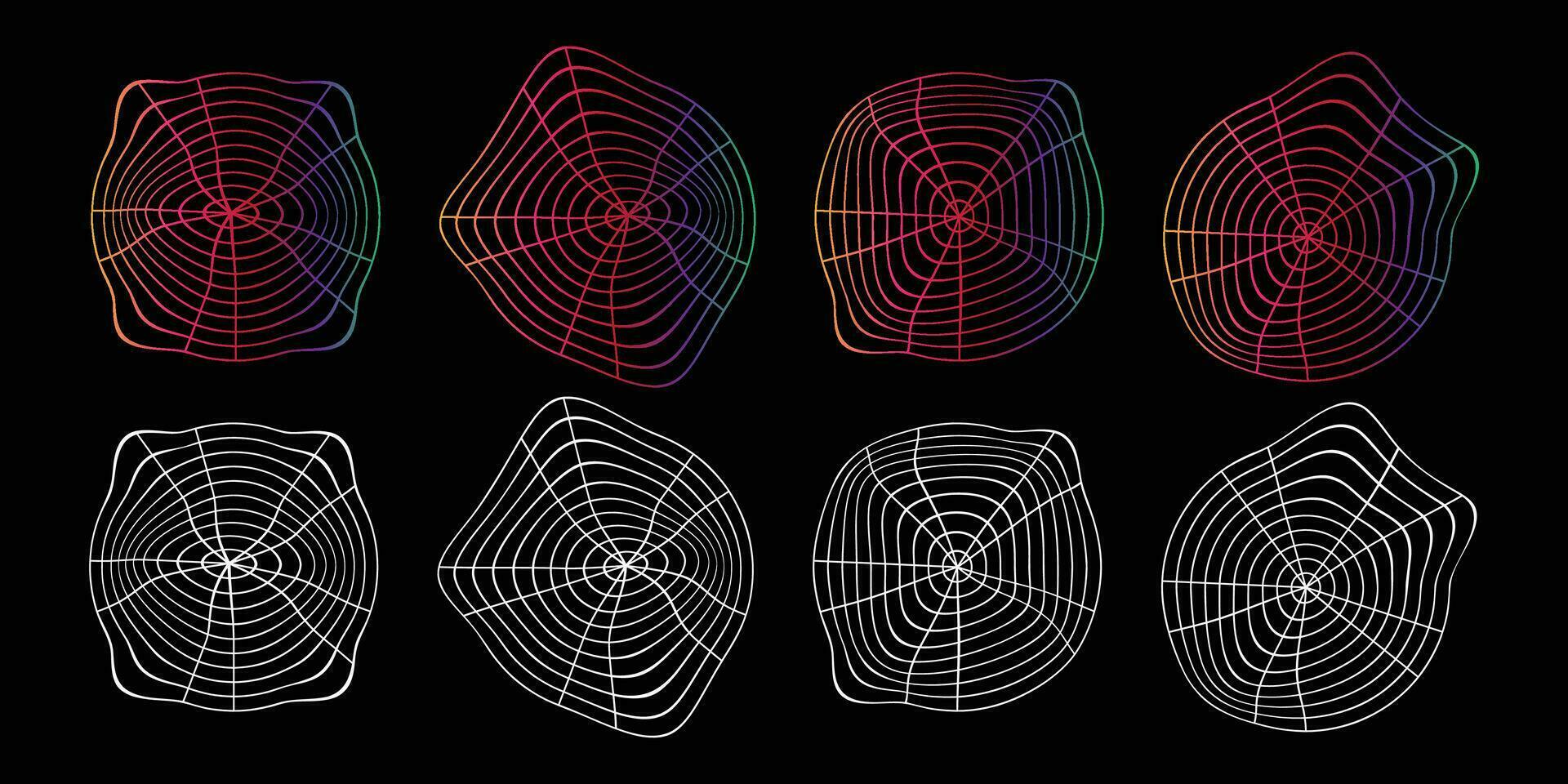 Collection of colorful 3d sphere mesh. Unique shapes structure model concept with dots and line grid vector