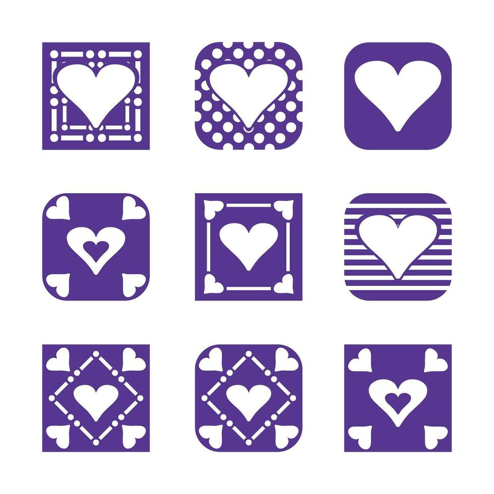 Set of icons with hearts and squares on white background, vector illustration