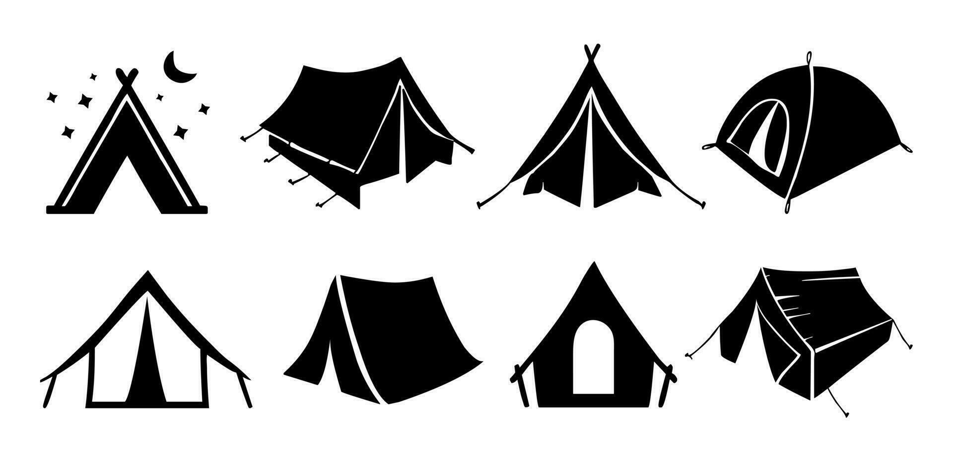 Tourist camping tent vector icon set on a white background