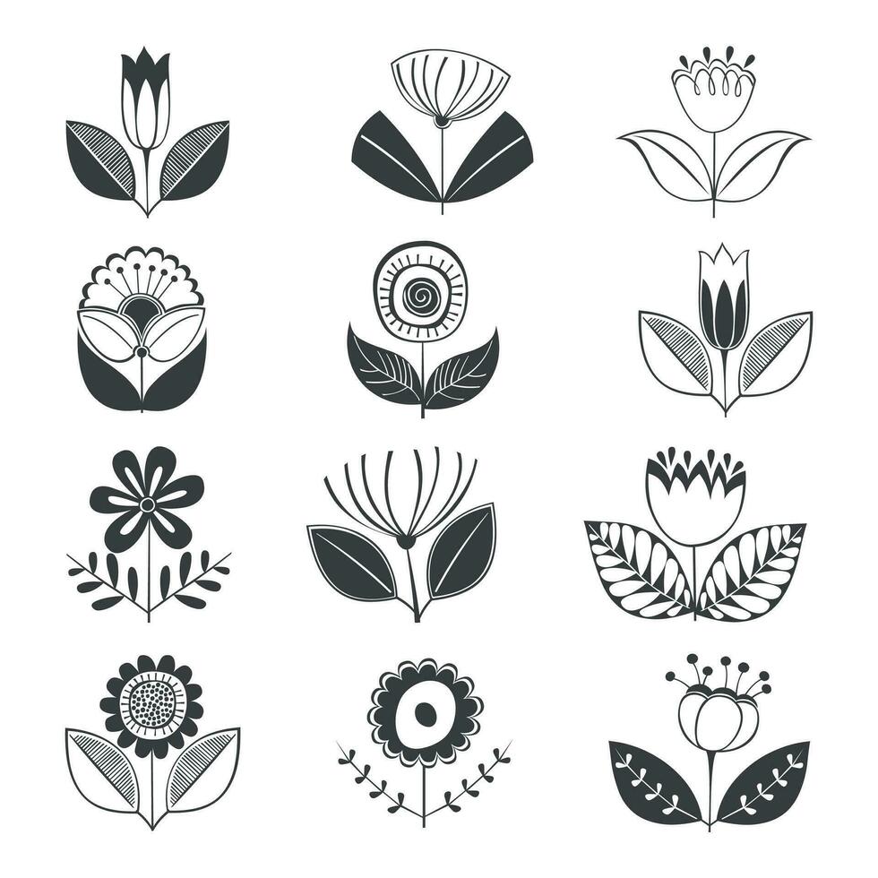 Tropical organic flower with leaves in doodle style icon set collection. vector