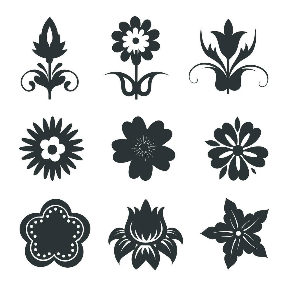 Flower with swirl leaves logotype icon set silhouette collection. vector