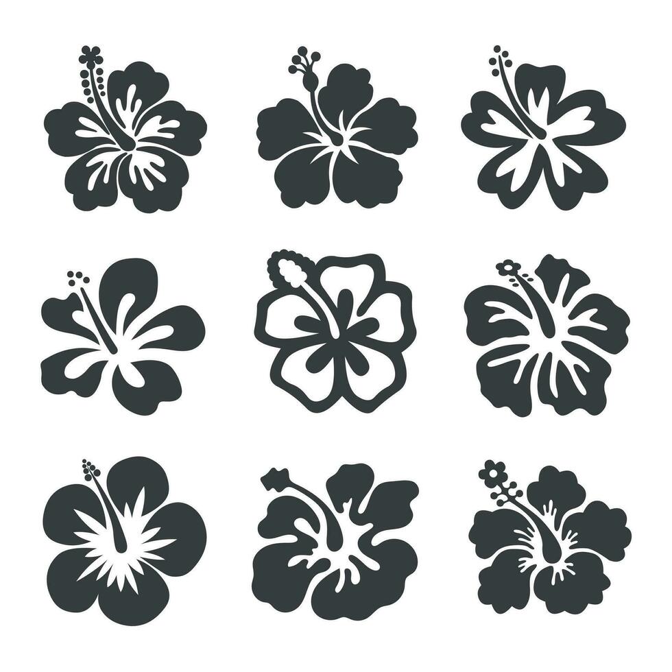 Set of tropical hibiscus flower silhouette illustrations vector