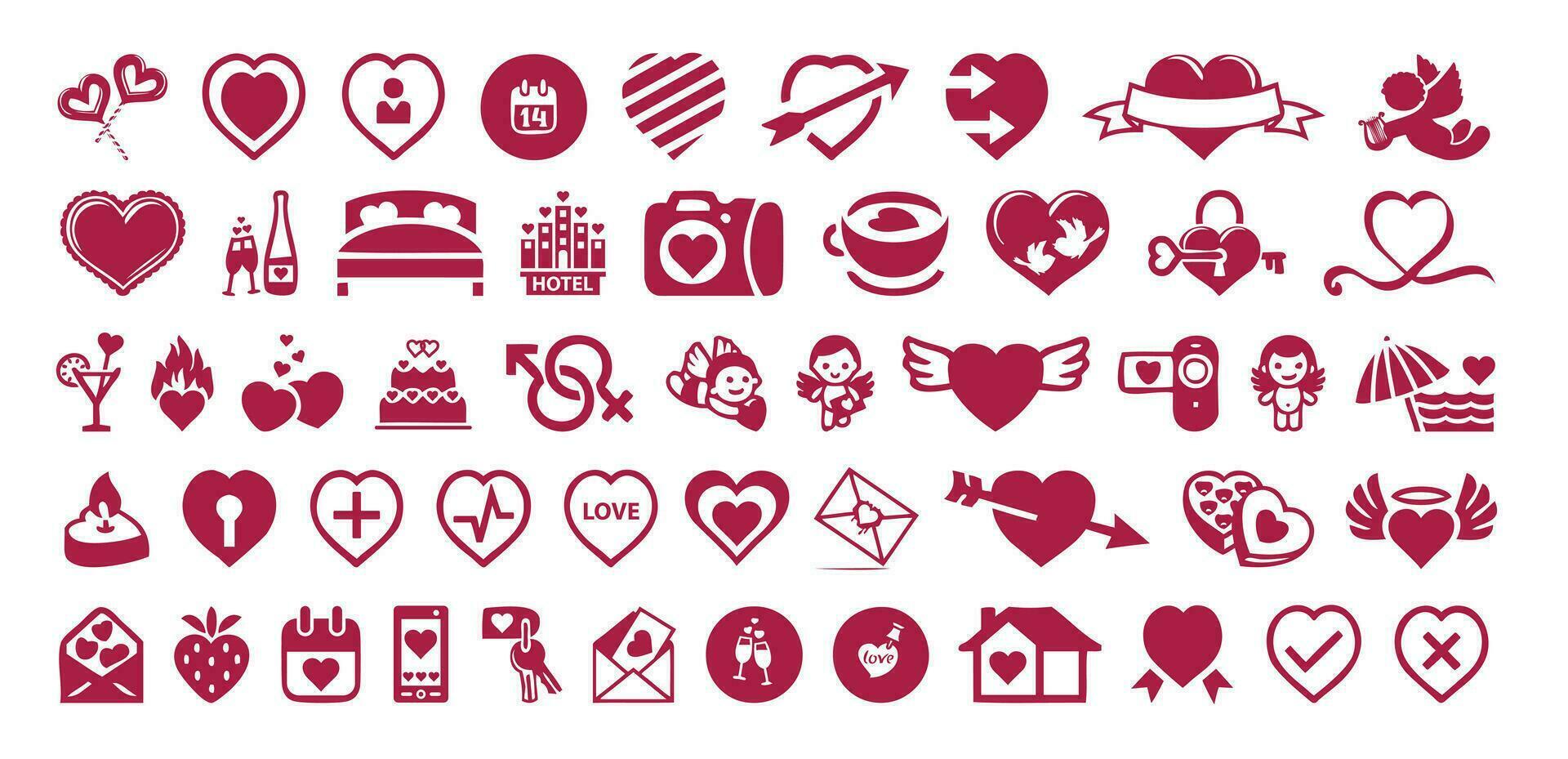 Big collection of Valentine's day icons set. Red and white symbols. Vector illustration.