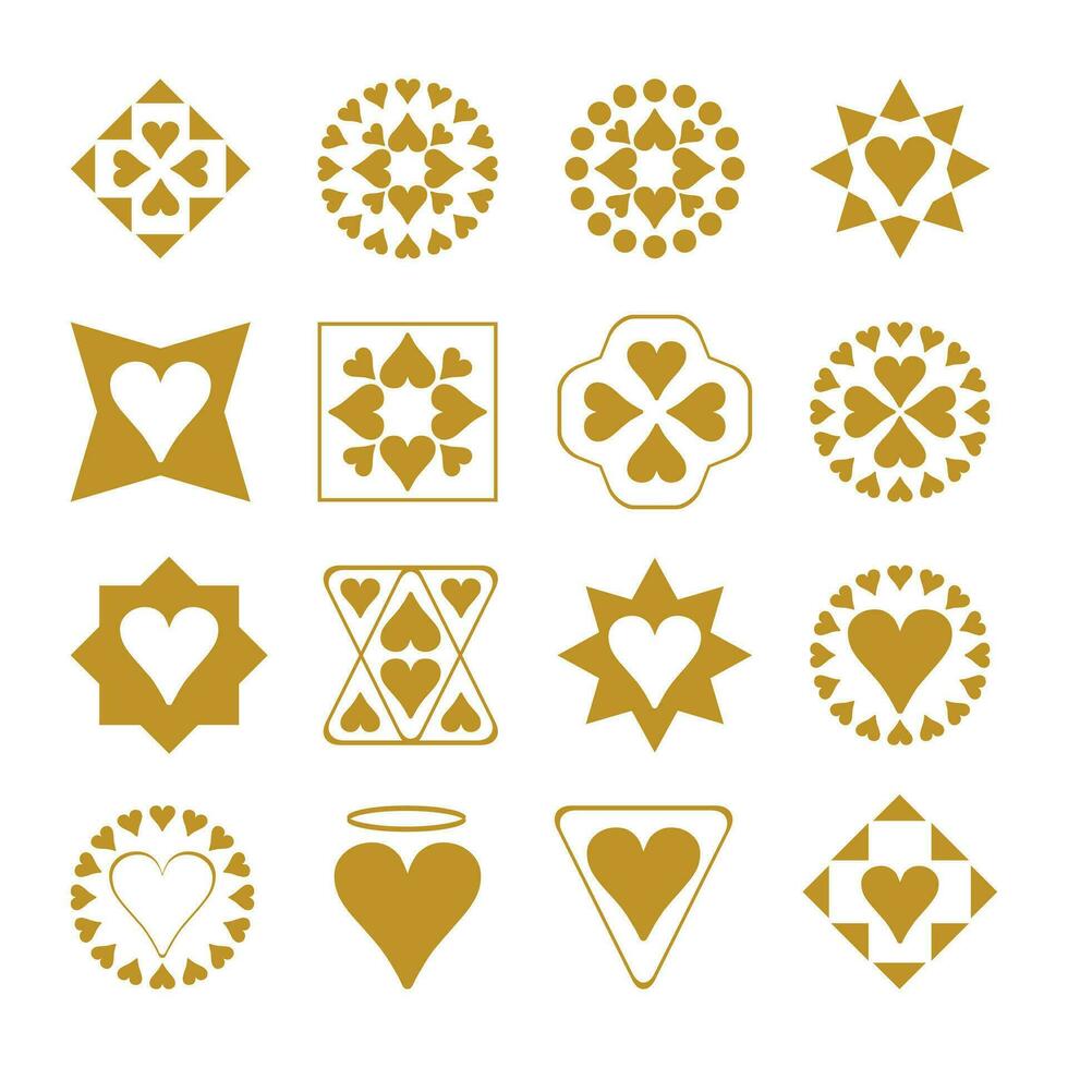 Set of vector icons with hearts and symbols. Isolated on white background.