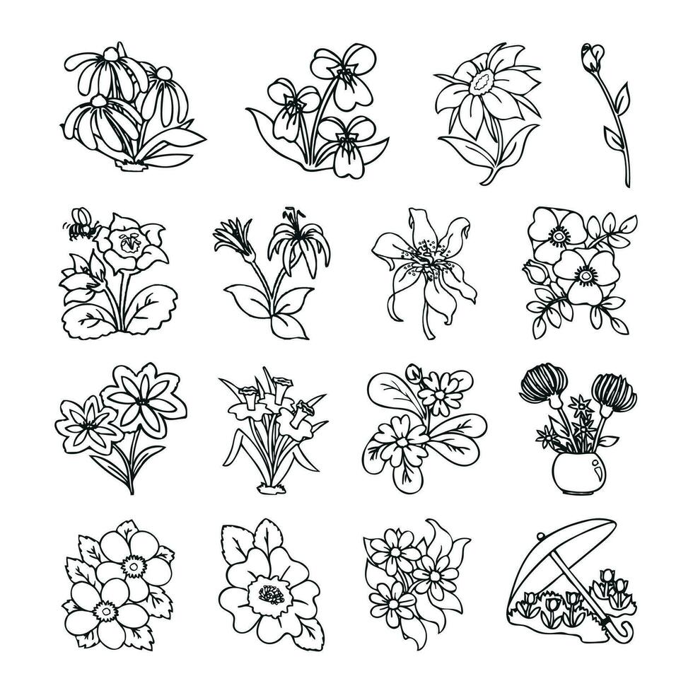 Tropical organic flower sketch with leaves in doodle style icon set collection. vector