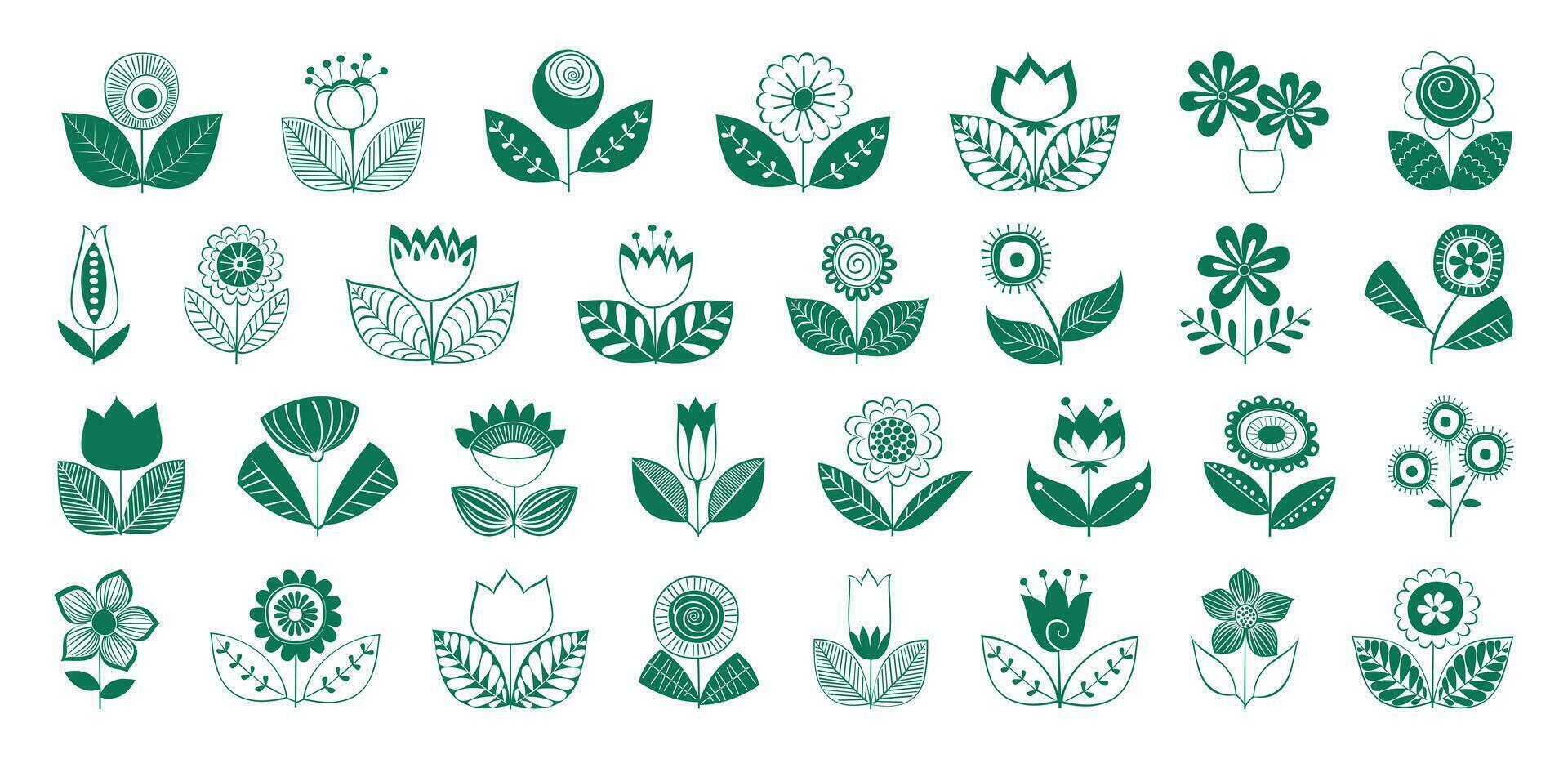 Tropical organic flower with leaves in doodle style icon set collection. vector