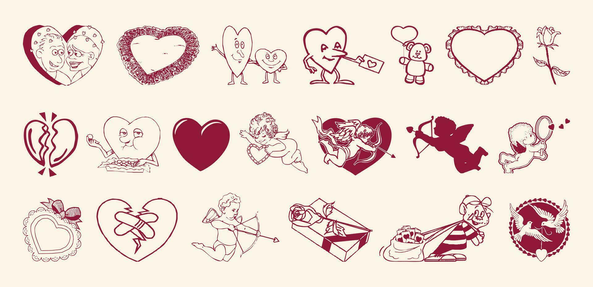 Valentine's day set of doodle icons. Vector illustration.