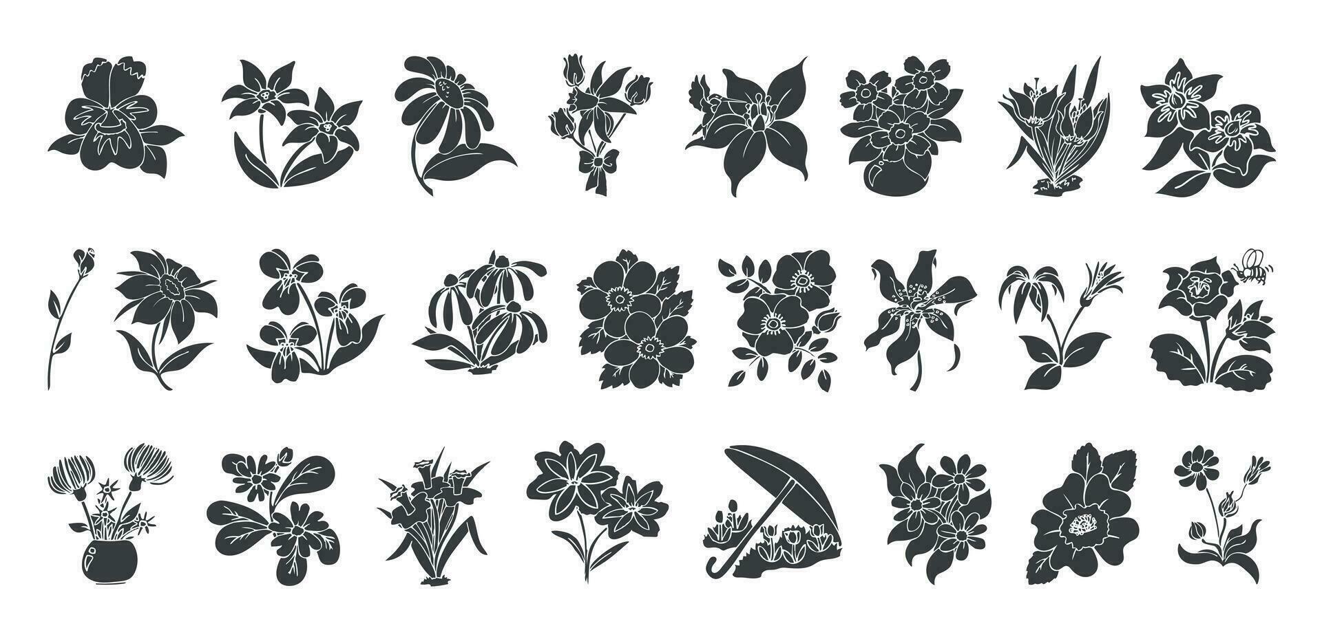 Tropical organic flower sketch with leaves in doodle silhouette style icon set collection. vector