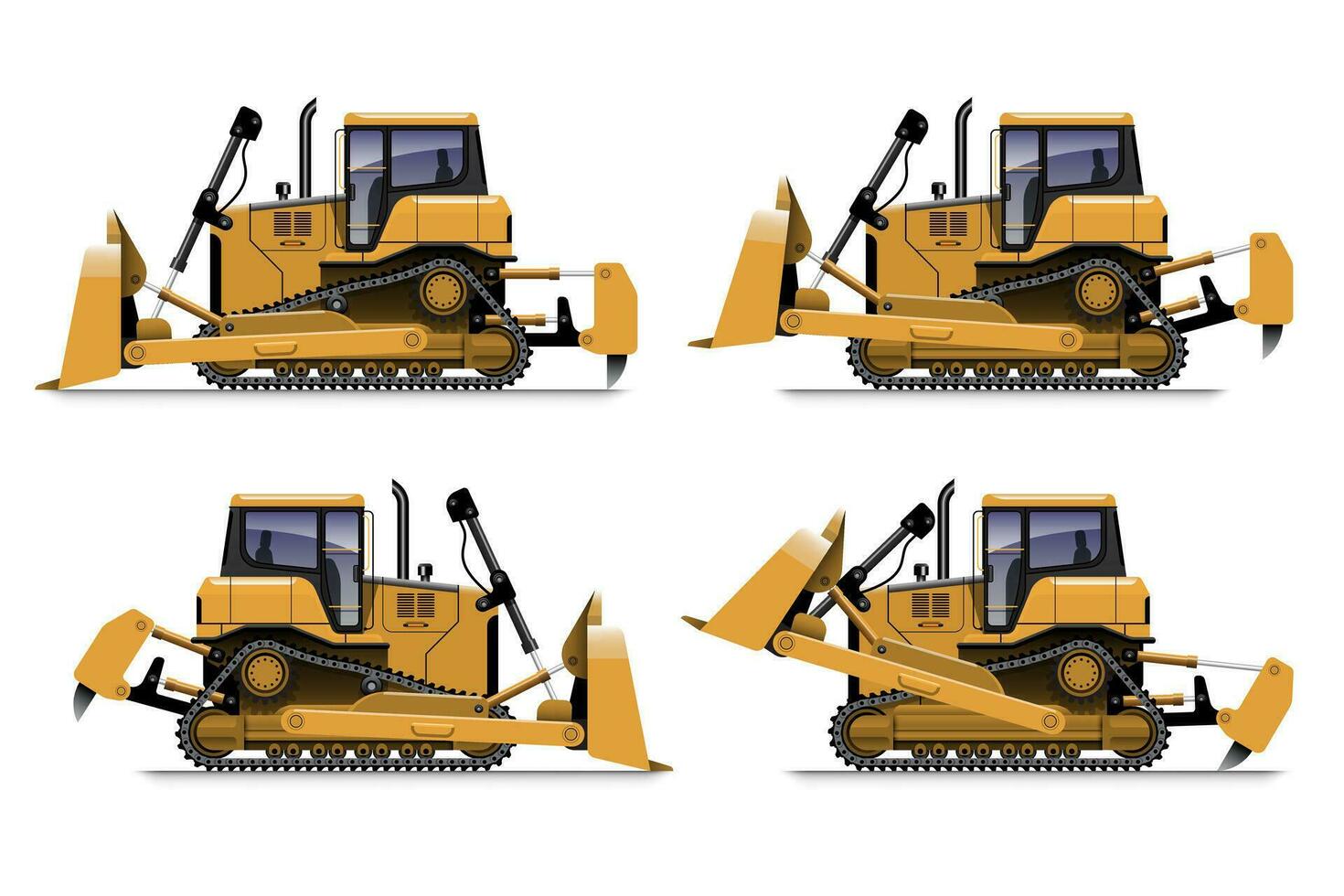 Yellow Bulldozer Side View in Different Action vector