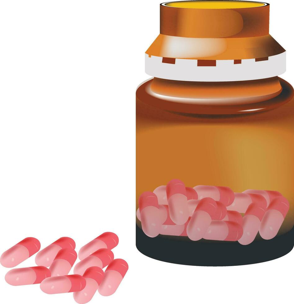 Pink capsule pills with glass container open- vector