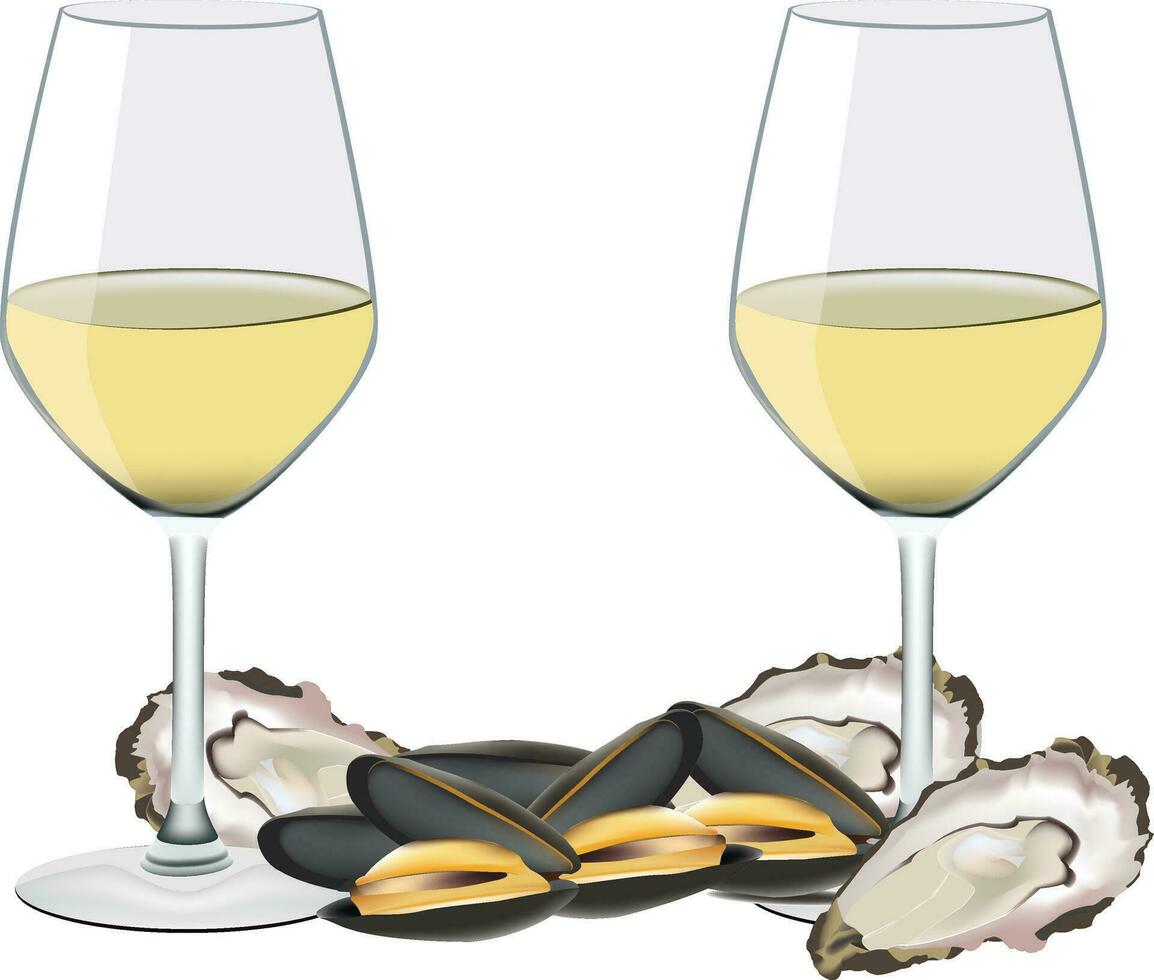 glass of white wine with mussels and oysters oysters vector