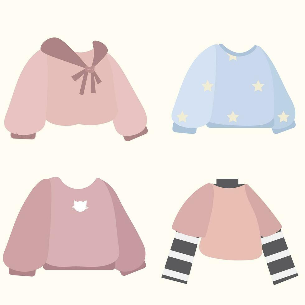 sweatshirt collection by koi, in the style of fairy kei, light maroon and blue, animated gifs, flat shapes, cottagepunk, elegantly formal, light purple and light amber vector
