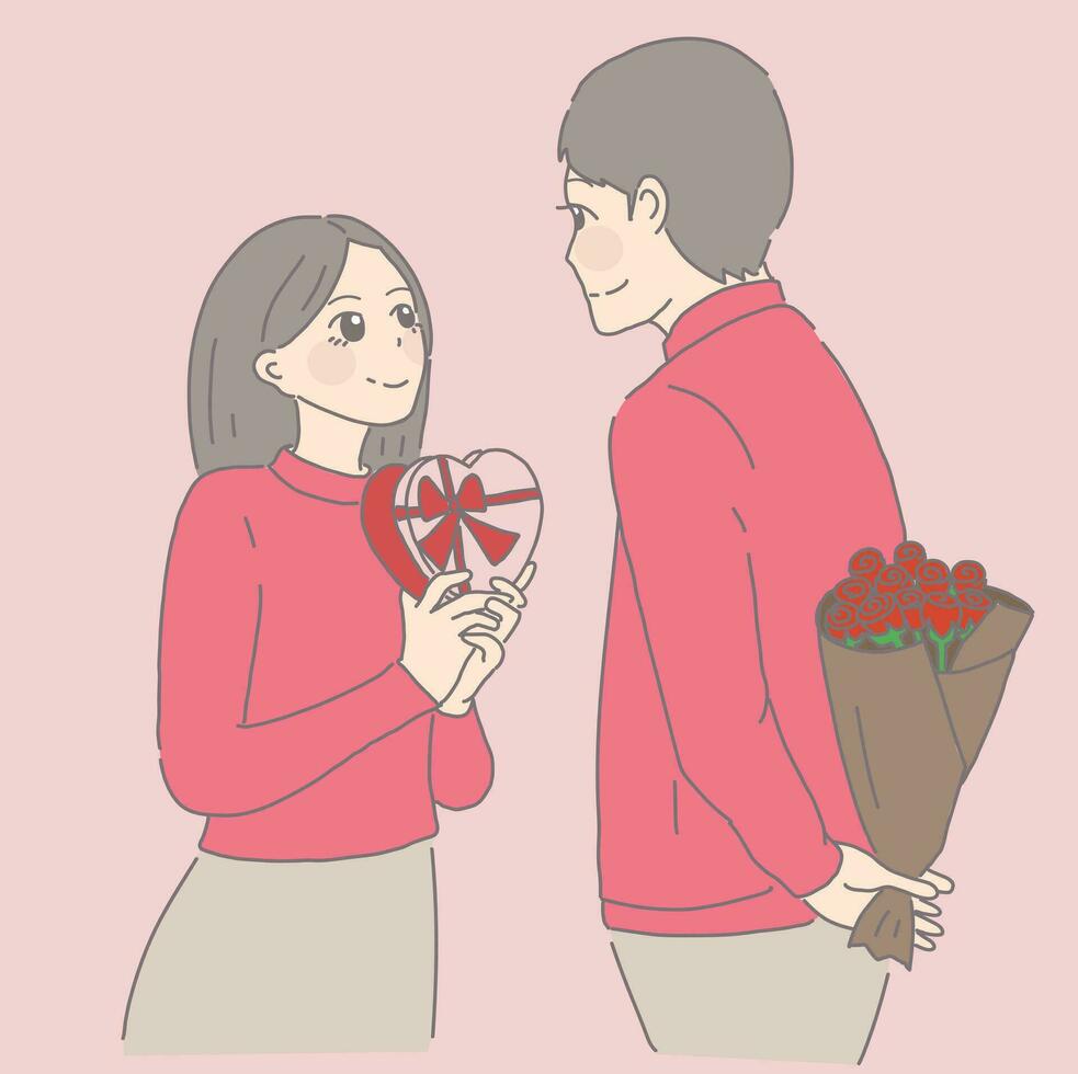 cartoon couple handing each other gifts vector