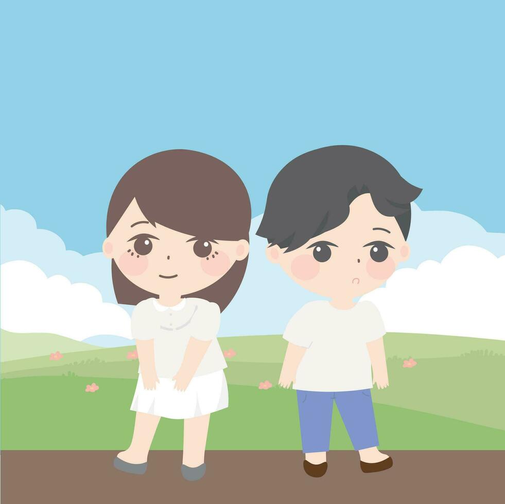 two kids standing together on the road, in the style of animated gifs, romantic conception, light brown and white, gongbi, realistic, dark brown and light blue, ferrania vector