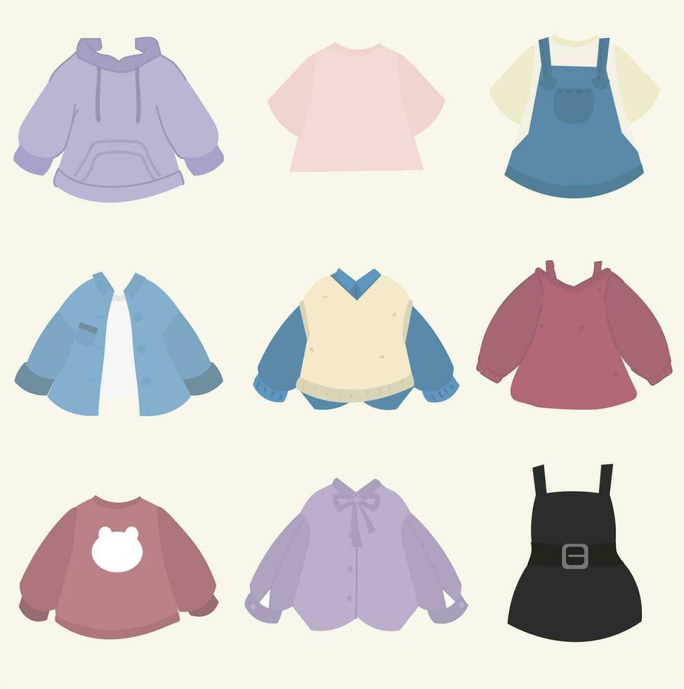 an assortment of for boys and girls, in the style of pastel-hued, genderless, minimalistic japanese, violet and brown, catcore, light red and dark indigo, cartoonish style vector